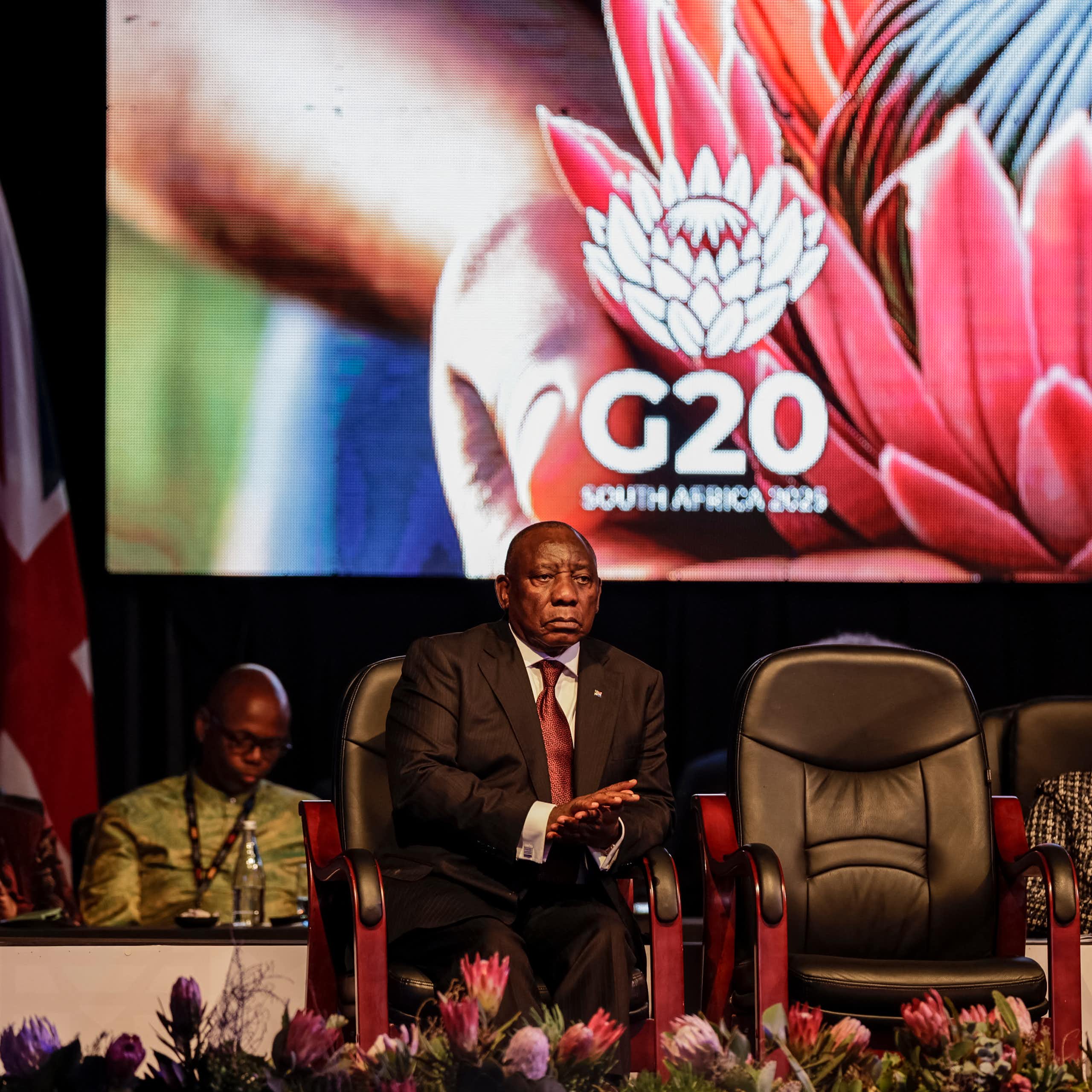 South African President Cyril Ramaphosa at the G20 Foreign Minister Meeting at the Nasrec Expo Centre in Johannesburg on February 20, 2025. 