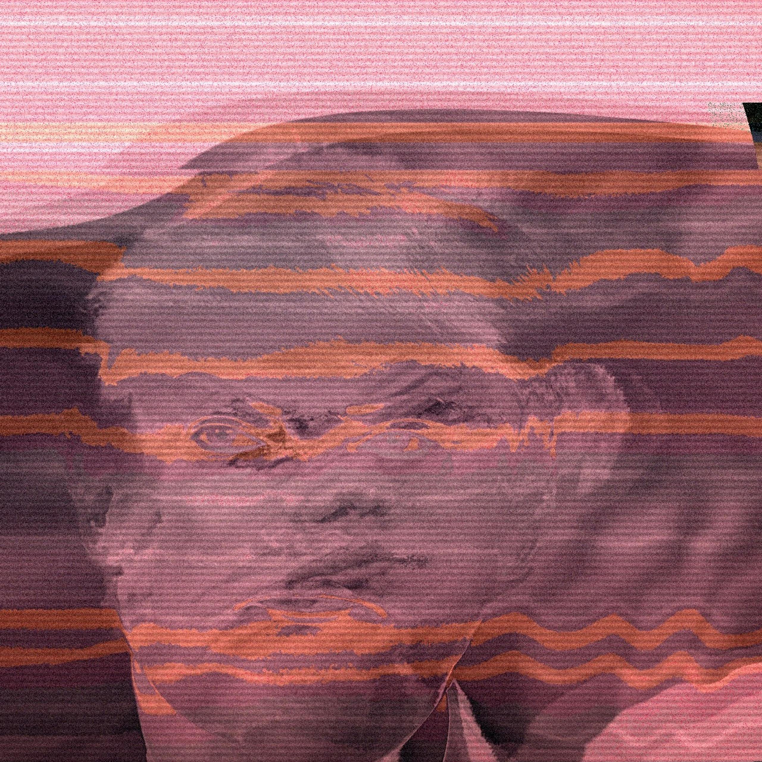 A man's head is depicted as a glitch