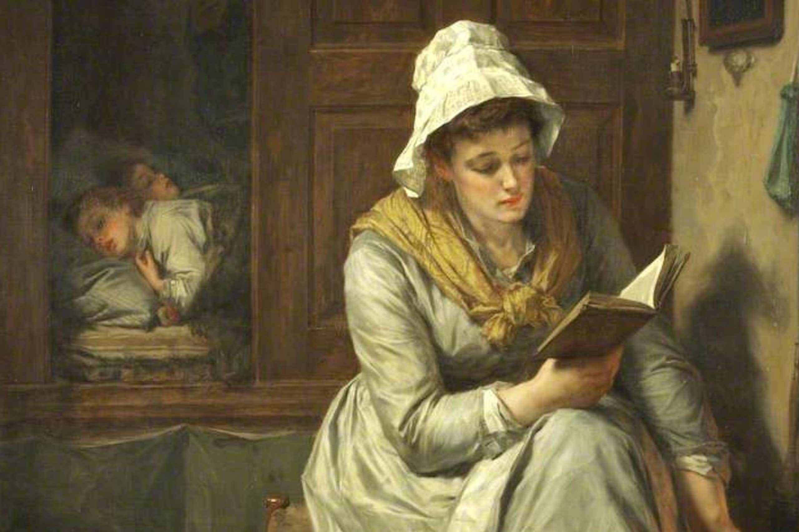 Painting showing a mother reading while her children sleep behind her