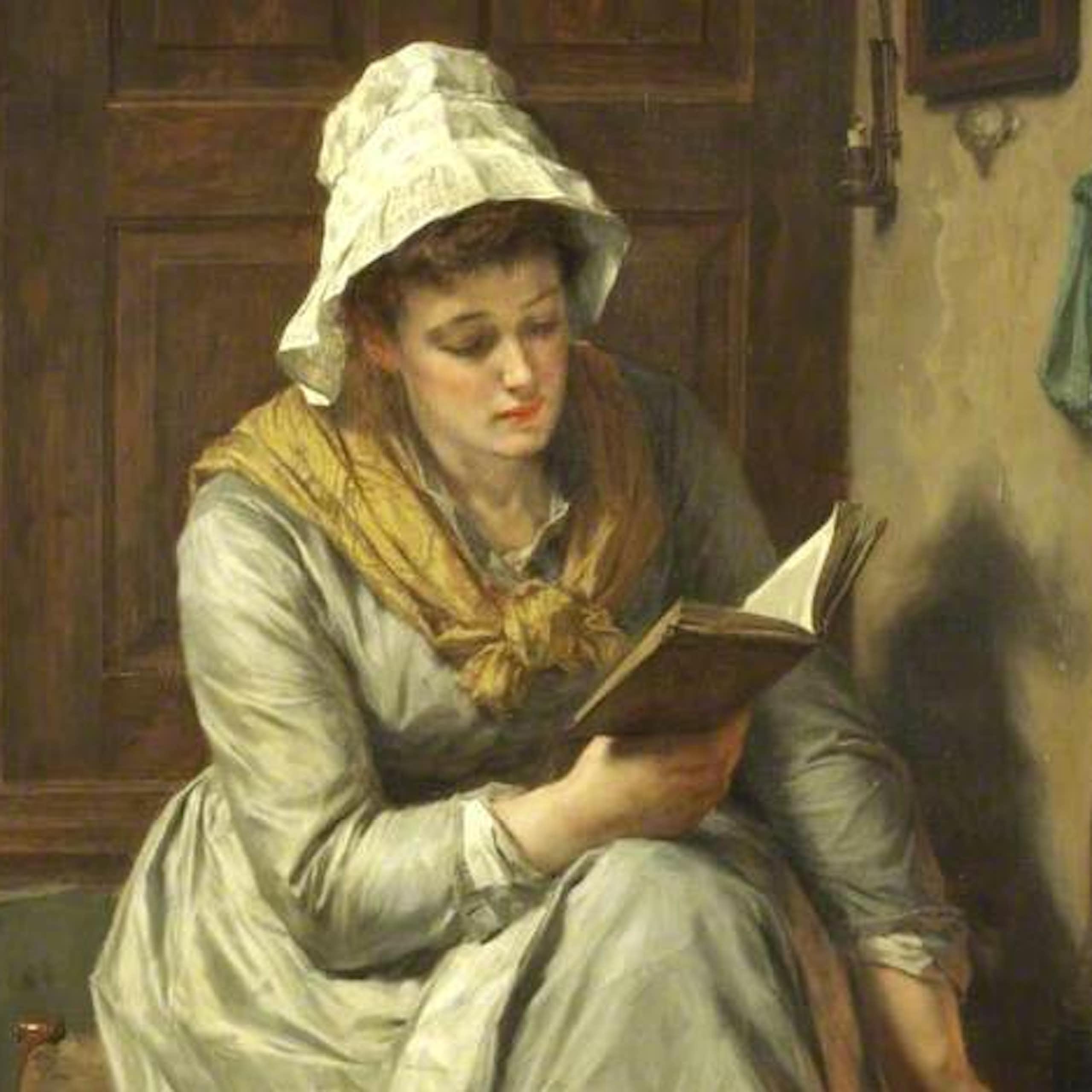 Painting showing a mother reading while her children sleep behind her