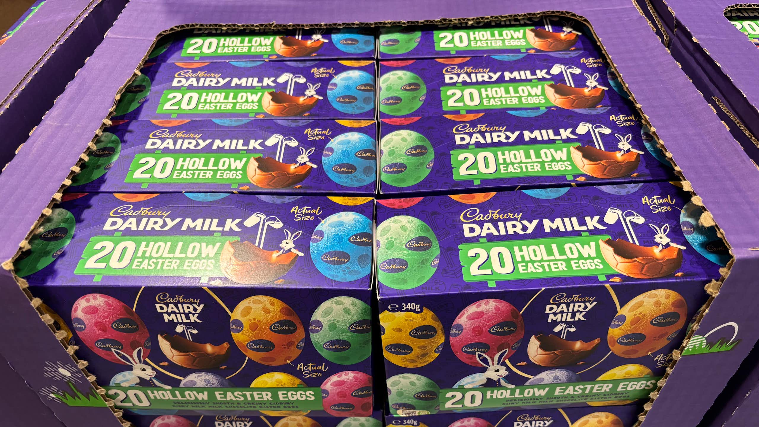 A carton of boxes of Easter eggs