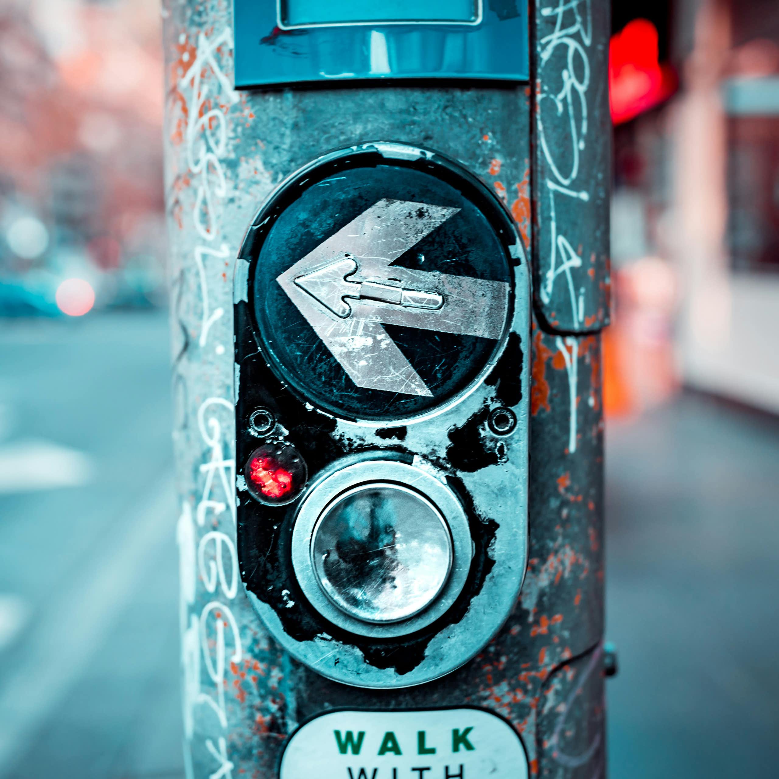 A pedestrian crossing button. 