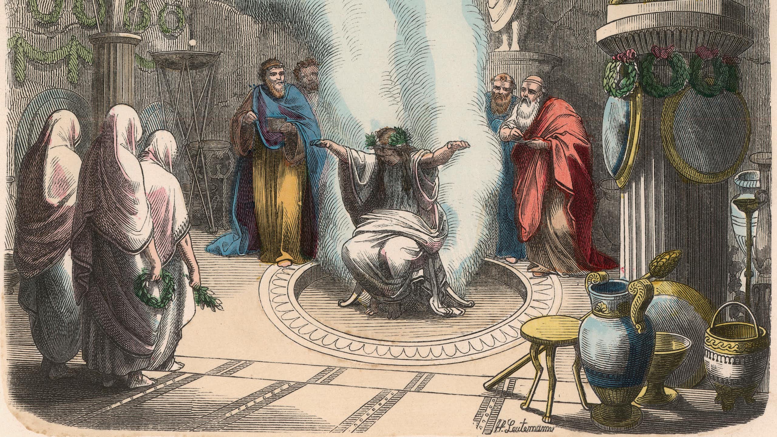 Shrine to Apollo: The Oracle at Delphi - Coloured engraving by Heinrich Leutemann (1824-1905) - Bilder aus dem Altertume (Pictures from Antiquity) 1866