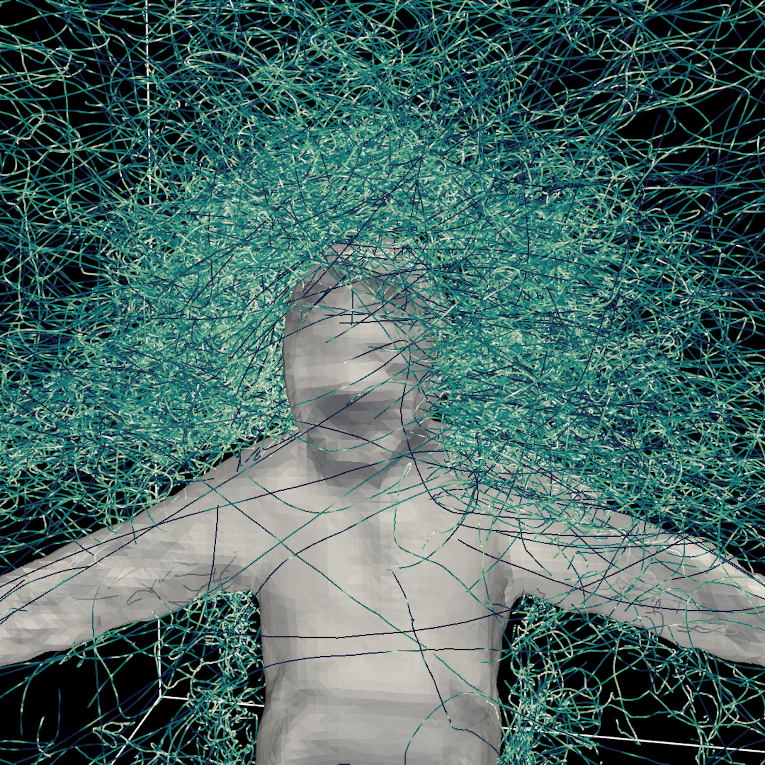 white silhouette of a human upper body surrounded by what look like filaments, concentrated around the head