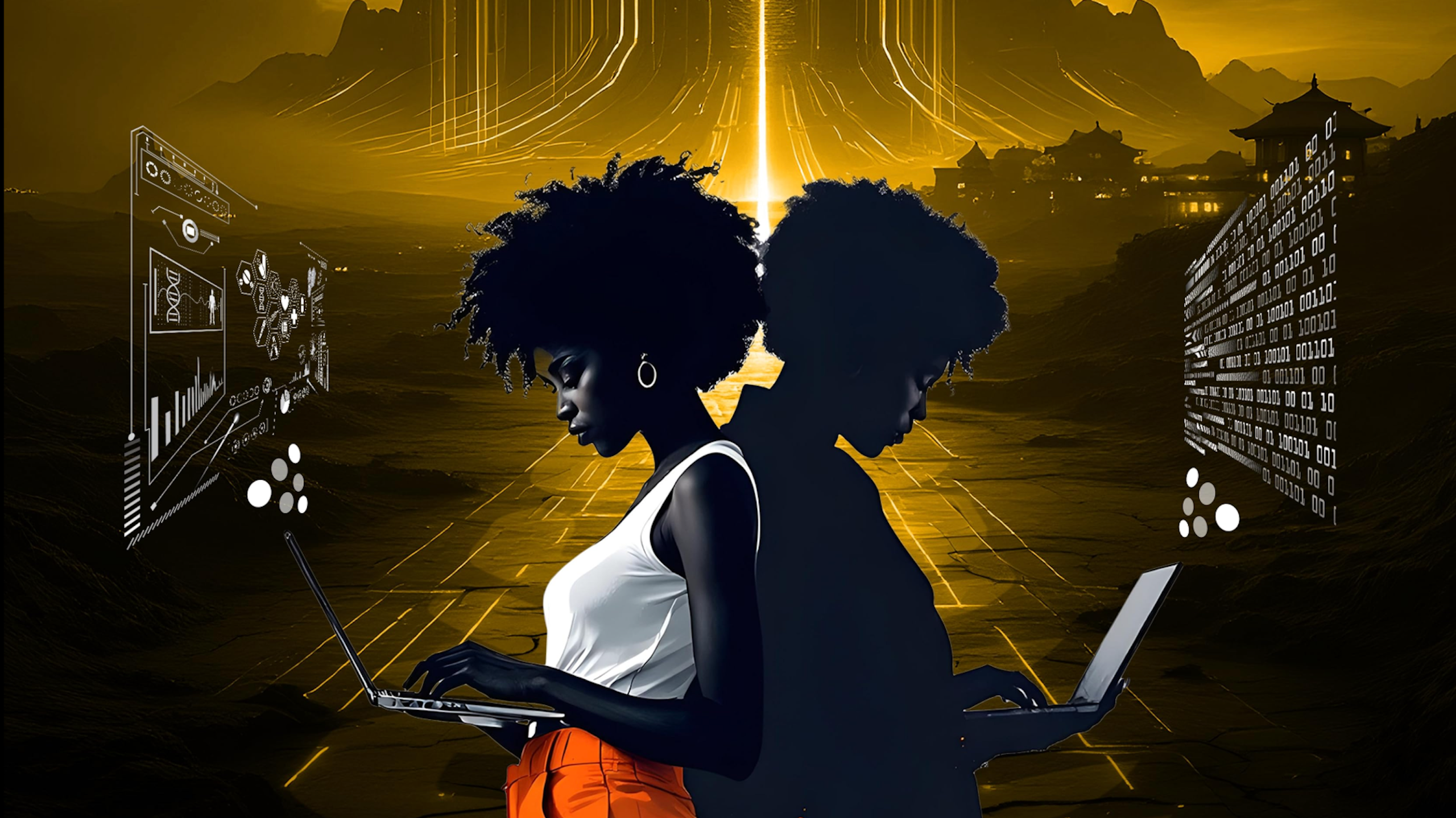 Graphic of young women, back to back. looking at laptop screens, with streaks of light leading up a mountainside in the background