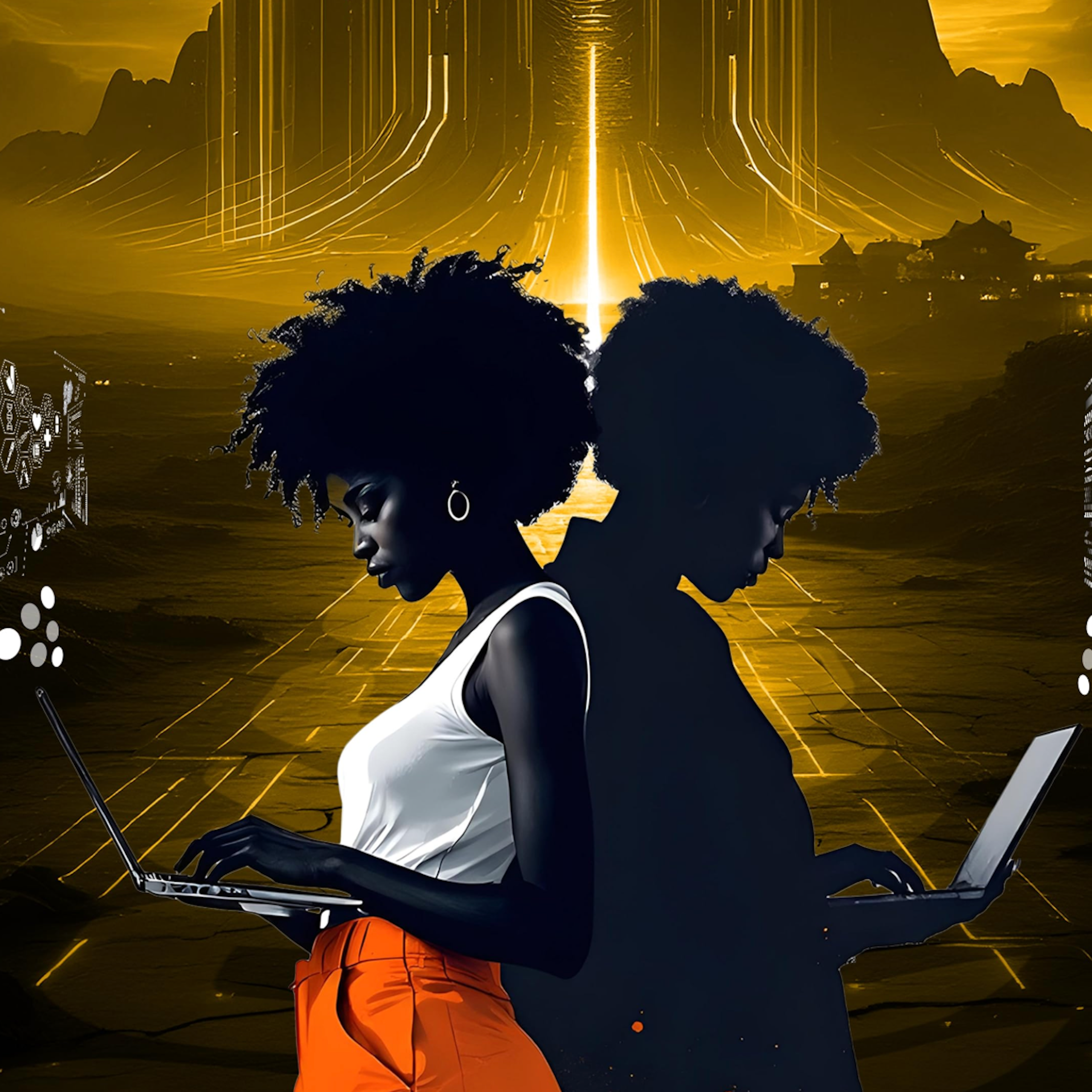 Graphic of young women, back to back. looking at laptop screens, with streaks of light leading up a mountainside in the background
