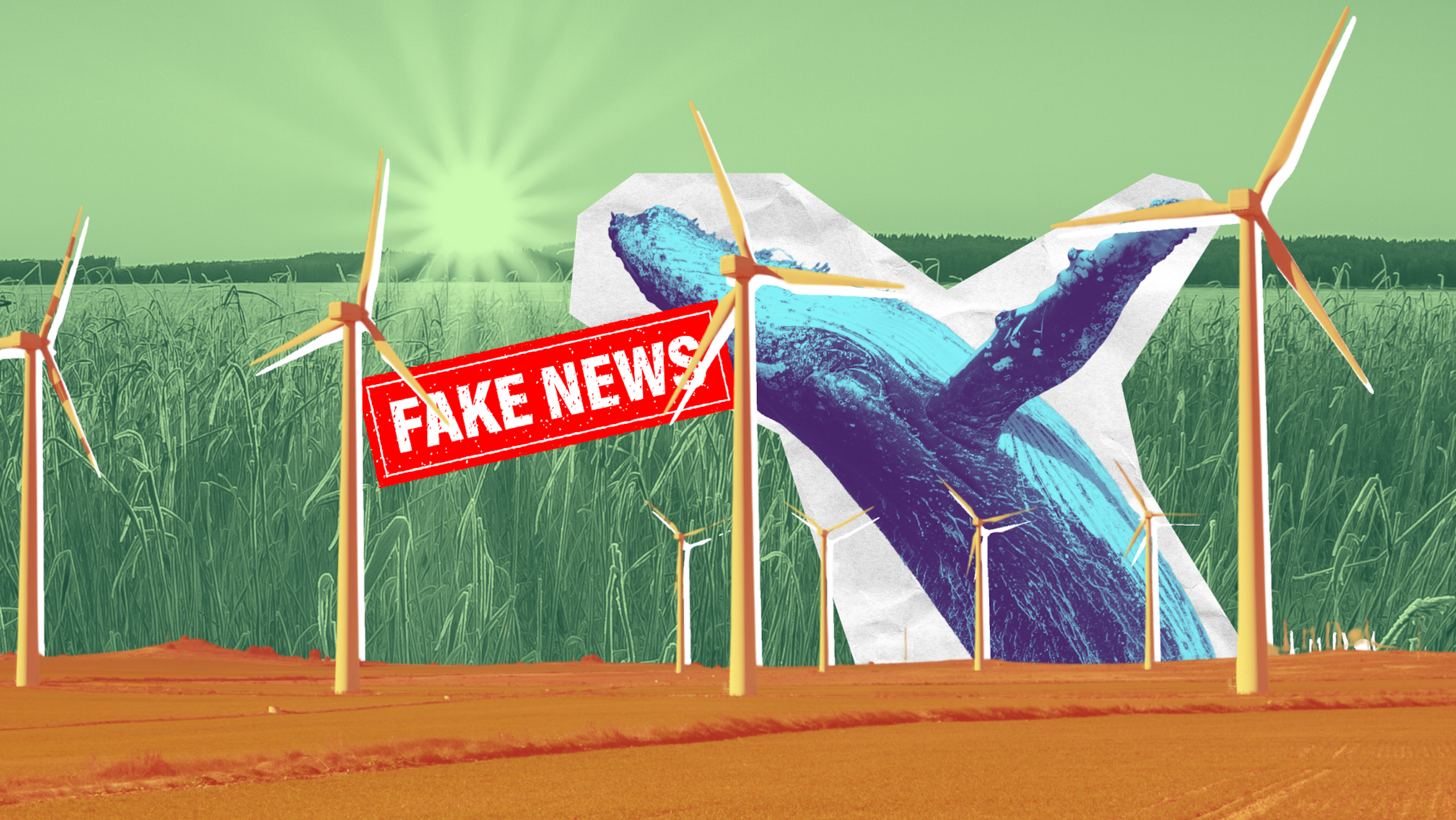 A wind farm and wind turbines with a sunrise in the background and a whale leaping over the horizon